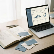 Aufgeschlagenes Adressbuch mit Kontaktkarten neben einem Laptop mit CRM-Dashboard auf einem modernen Büroschreibtisch.