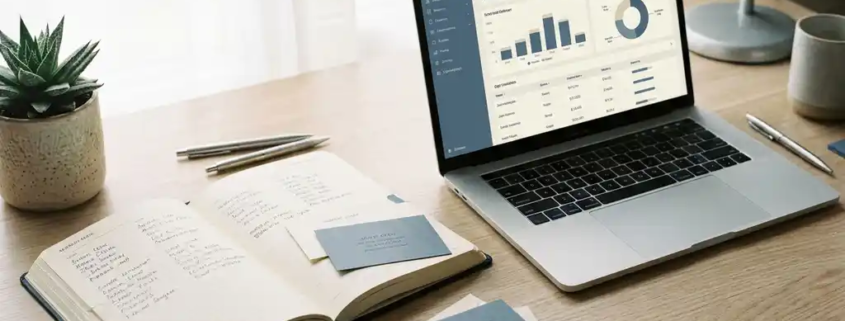 Aufgeschlagenes Adressbuch mit Kontaktkarten neben einem Laptop mit CRM-Dashboard auf einem modernen Büroschreibtisch.