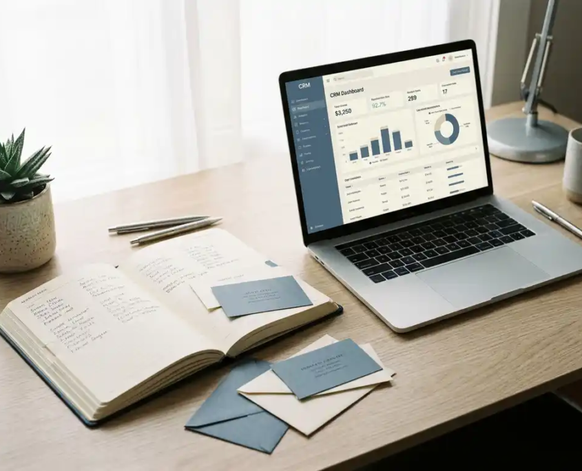 Aufgeschlagenes Adressbuch mit Kontaktkarten neben einem Laptop mit CRM-Dashboard auf einem modernen Büroschreibtisch.