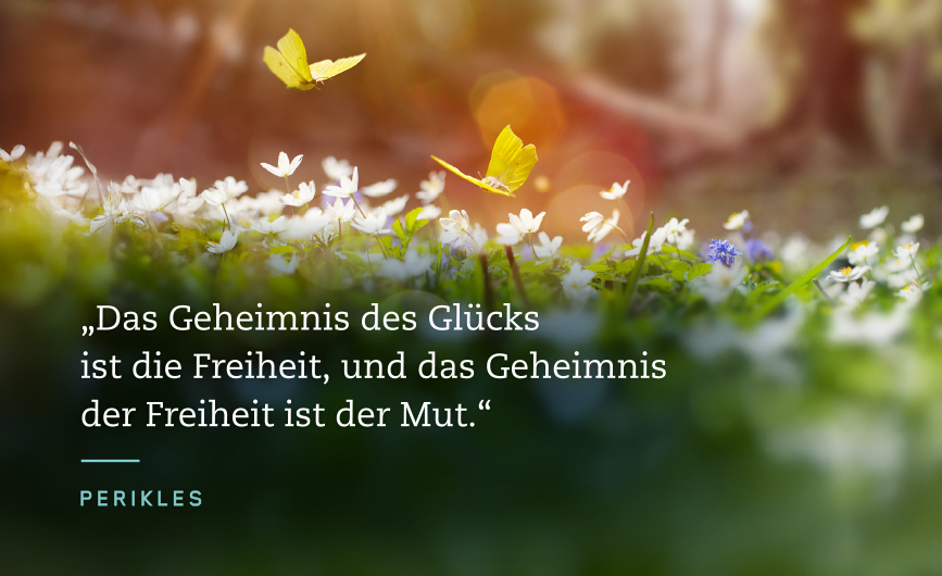 Bild einer Frühlingsblumenwiese mit zwei flatternden gelben Schmetterlingen – darauf in negativ weißer Schrift ein Zitat von Perikles: „Das Geheimnis des Glücks ist die Freiheit, und das Geheimnis der Freiheit ist der Mut.“