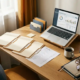 Beraterarbeitsplatz mit Eichenholzschreibtisch, offenen Aktenordnern, Checkliste und Laptop mit Dashboard, Kaffeetasse und Lesebrille im warmen Licht.
