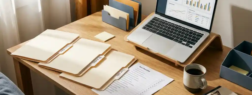 Beraterarbeitsplatz mit Eichenholzschreibtisch, offenen Aktenordnern, Checkliste und Laptop mit Dashboard, Kaffeetasse und Lesebrille im warmen Licht.