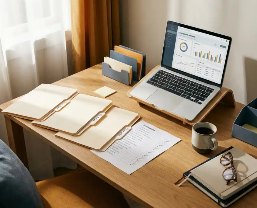 Beraterarbeitsplatz mit Eichenholzschreibtisch, offenen Aktenordnern, Checkliste und Laptop mit Dashboard, Kaffeetasse und Lesebrille im warmen Licht.