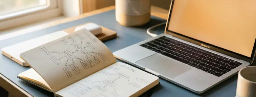Moderner Schreibtisch mit aufgeschlagenem Notizbuch mit handgezeichneten Kontaktdiagrammen, Laptop und kleiner Pflanze im warmen Seitenlicht.