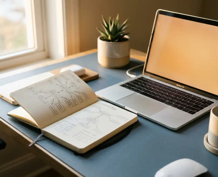 Moderner Schreibtisch mit aufgeschlagenem Notizbuch mit handgezeichneten Kontaktdiagrammen, Laptop und kleiner Pflanze im warmen Seitenlicht.