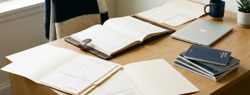 Moderner Schreibtisch mit Lederkladde, Rechnungen, Produktkatalogen und Laptop im warmen Bürolicht.