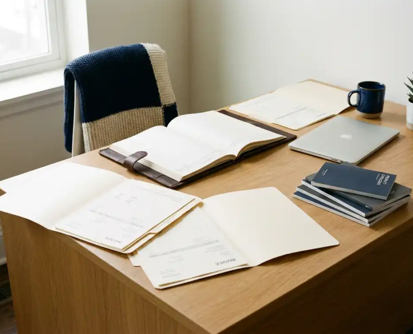 Moderner Schreibtisch mit Lederkladde, Rechnungen, Produktkatalogen und Laptop im warmen Bürolicht.