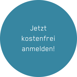 Petrolfarbener Button mit weißem Text: "Jetzt kostenfrei anmelden!"