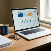 Laptop mit CRM-Dashboard auf modernem Schreibtisch, Zahnräder symbolisieren automatisierte Workflows, Kaffeetasse und Dokumente daneben.