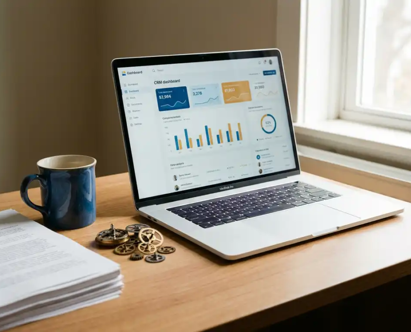 Laptop mit CRM-Dashboard auf modernem Schreibtisch, Zahnräder symbolisieren automatisierte Workflows, Kaffeetasse und Dokumente daneben.