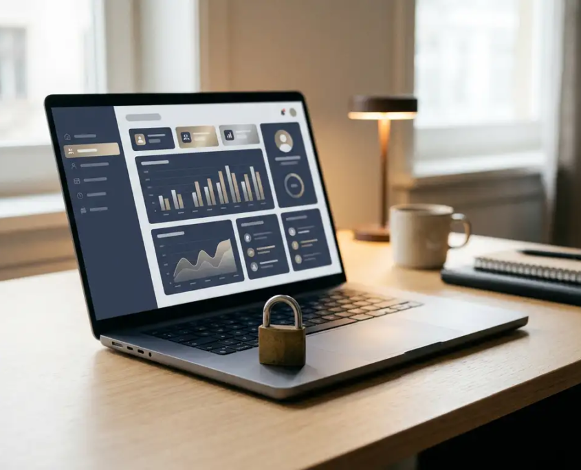 Geschlossenes Messingvorhängeschloss auf Laptop-Tastatur mit CRM-Dashboard, symbolisiert Datensicherheit im Büro.