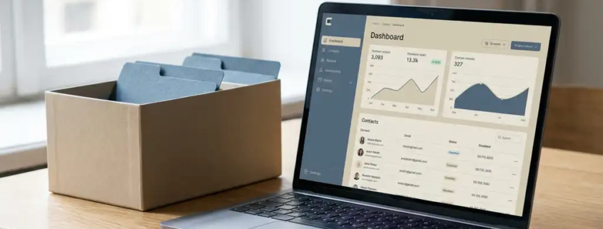Laptop mit geöffnetem CRM-Dashboard neben einer minimalistischen Visitenkarten-Box auf modernem Schreibtisch im weichen Seitenlicht.