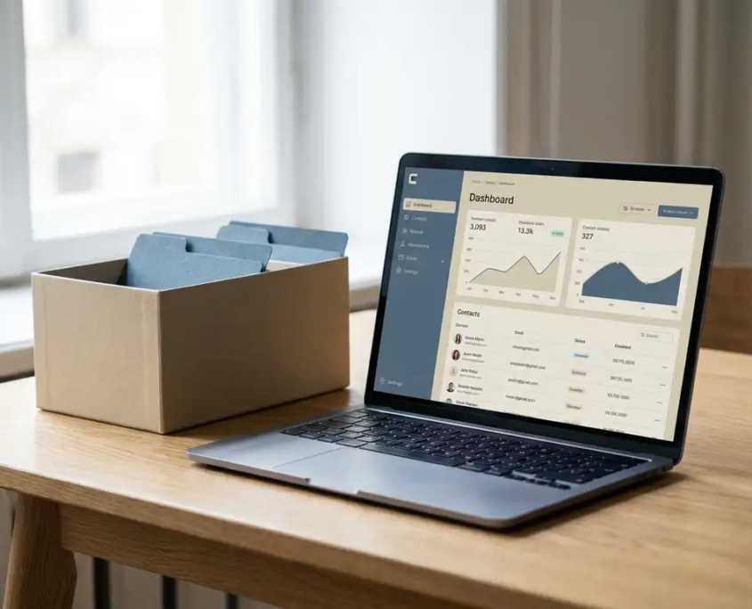 Laptop mit geöffnetem CRM-Dashboard neben einer minimalistischen Visitenkarten-Box auf modernem Schreibtisch im weichen Seitenlicht.