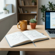 Moderner Schreibtisch mit aufgeschlagenem Notizbuch voller handgezeichneter CRM-Diagramme, Laptop mit Dashboard, Kaffeetasse und Pflanze.