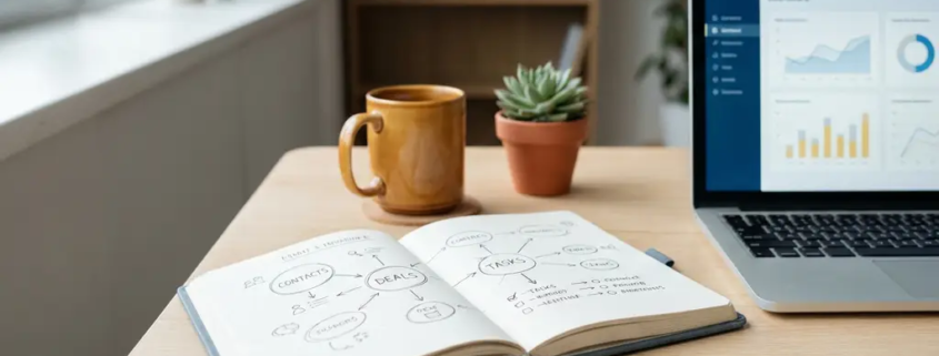 Moderner Schreibtisch mit aufgeschlagenem Notizbuch voller handgezeichneter CRM-Diagramme, Laptop mit Dashboard, Kaffeetasse und Pflanze.