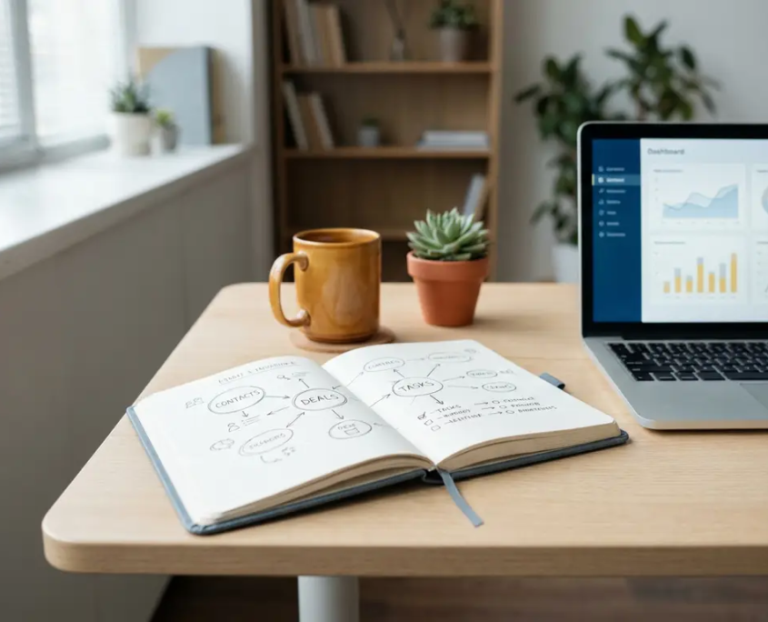 Moderner Schreibtisch mit aufgeschlagenem Notizbuch voller handgezeichneter CRM-Diagramme, Laptop mit Dashboard, Kaffeetasse und Pflanze.