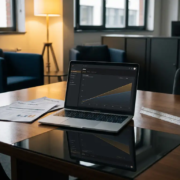 CRM-Dashboard auf Laptop-Bildschirm, spiegelt sich in Konferenztisch, umgeben von Vertriebsberichten und aufsteigendem Umsatzgraph, warmes Ambiente.