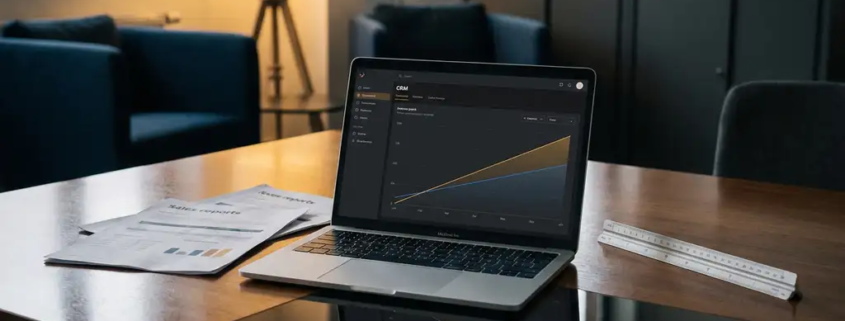 CRM-Dashboard auf Laptop-Bildschirm, spiegelt sich in Konferenztisch, umgeben von Vertriebsberichten und aufsteigendem Umsatzgraph, warmes Ambiente.