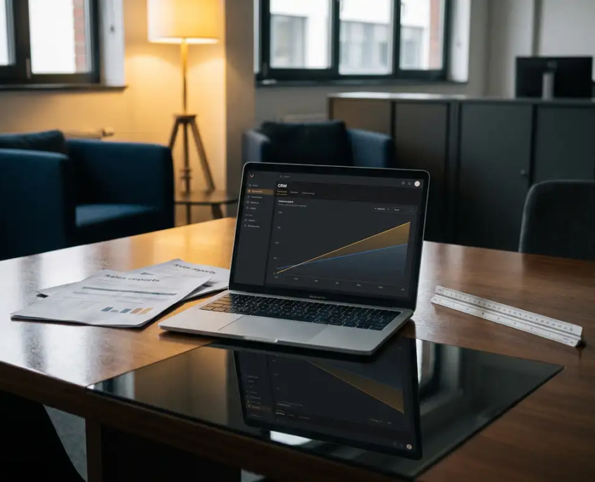 CRM-Dashboard auf Laptop-Bildschirm, spiegelt sich in Konferenztisch, umgeben von Vertriebsberichten und aufsteigendem Umsatzgraph, warmes Ambiente.