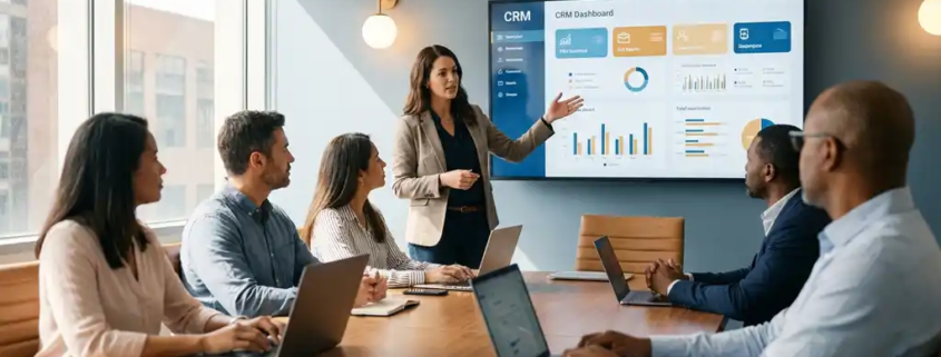 Trainer erklärt CRM-Dashboard auf großem Monitor einer kleinen Gruppe im modernen Konferenzraum mit Laptops.