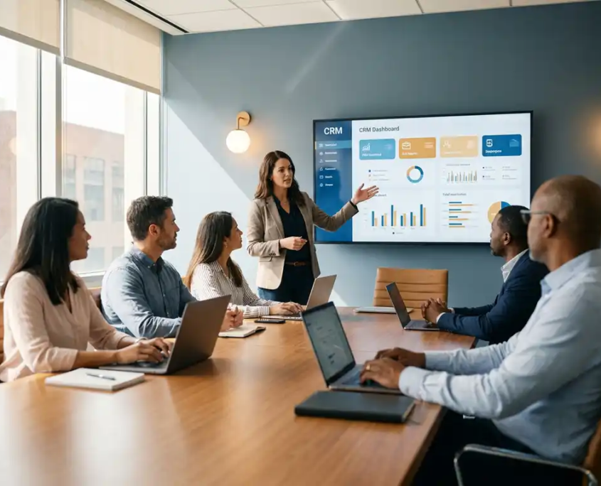 Trainer erklärt CRM-Dashboard auf großem Monitor einer kleinen Gruppe im modernen Konferenzraum mit Laptops.