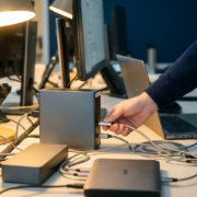 Berater schließt Kabel an zentralen CRM-Server an, umgeben von Büro-Hardware auf modernem Schreibtisch im warmen Lampenlicht.