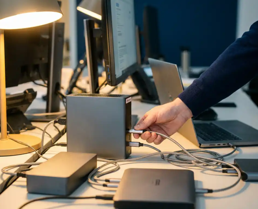 Berater schließt Kabel an zentralen CRM-Server an, umgeben von Büro-Hardware auf modernem Schreibtisch im warmen Lampenlicht.