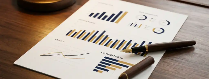 Dashboard-Bericht mit Wachstumscharts und Pipeline-Kennzahlen auf dunklem Schreibtisch, Füllfederhalter und Schreibtischlampe im Hintergrund.