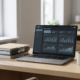ERP-Dashboard auf Laptop neben geordnetem Dokumentenordner auf modernem Büroschreibtisch im natürlichen Seitenlicht.