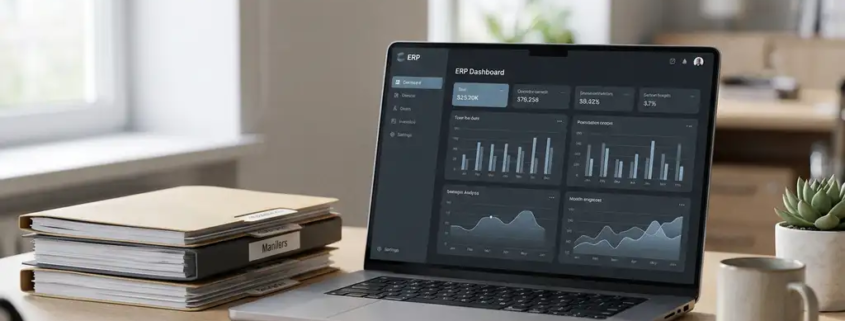 ERP-Dashboard auf Laptop neben geordnetem Dokumentenordner auf modernem Büroschreibtisch im natürlichen Seitenlicht.