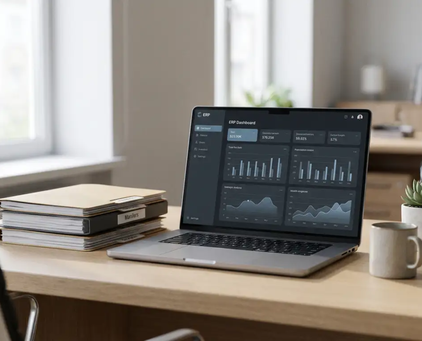 ERP-Dashboard auf Laptop neben geordnetem Dokumentenordner auf modernem Büroschreibtisch im natürlichen Seitenlicht.