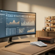 ERP-Software-Dashboard auf Monitor neben Inventarordnern und Barcodes, Lagerregal im Hintergrund, Büroumgebung.