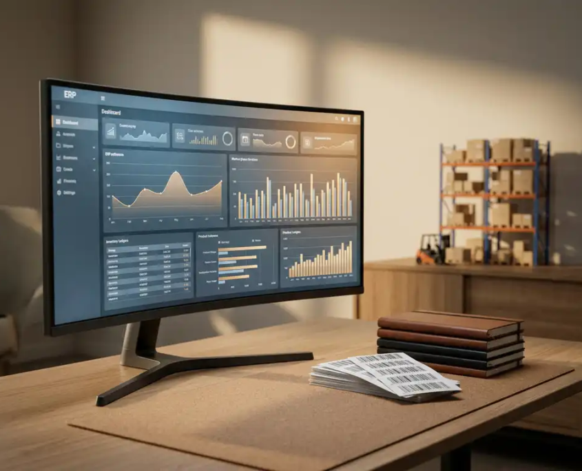 ERP-Software-Dashboard auf Monitor neben Inventarordnern und Barcodes, Lagerregal im Hintergrund, Büroumgebung.
