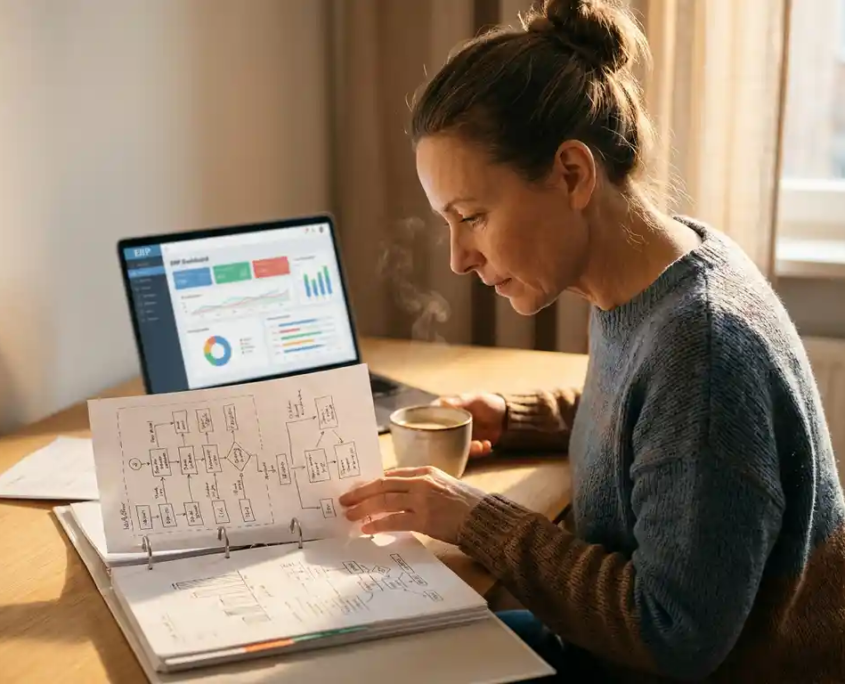 Fachkraft am Schreibtisch studiert Workflow-Diagramme in einem Ordner, ERP-Dashboard auf Laptop im Hintergrund, Kaffeetasse daneben.