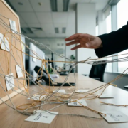 Berater-Hand über einem Schreibtisch mit zerrissenen Fadenverbindungen zwischen Kundenkarten, symbolisiert fehlende Netzwerkverbindungen.