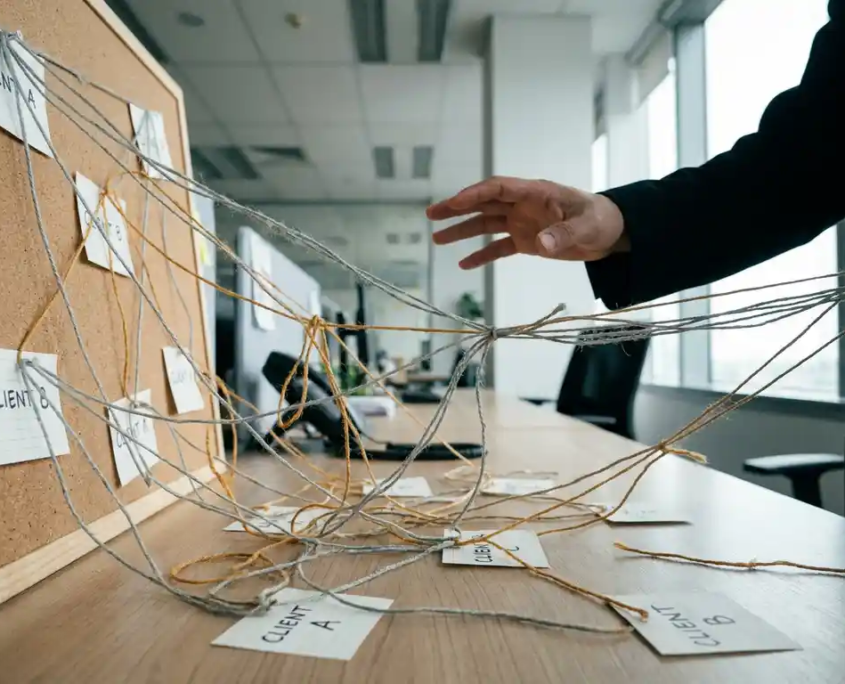 Berater-Hand über einem Schreibtisch mit zerrissenen Fadenverbindungen zwischen Kundenkarten, symbolisiert fehlende Netzwerkverbindungen.