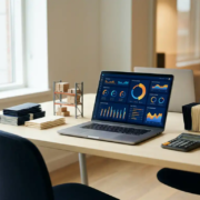 Laptop mit bunten Business-Dashboards auf modernem Schreibtisch, flankiert von Ordnern, Lagerregal-Modell und Taschenrechner.