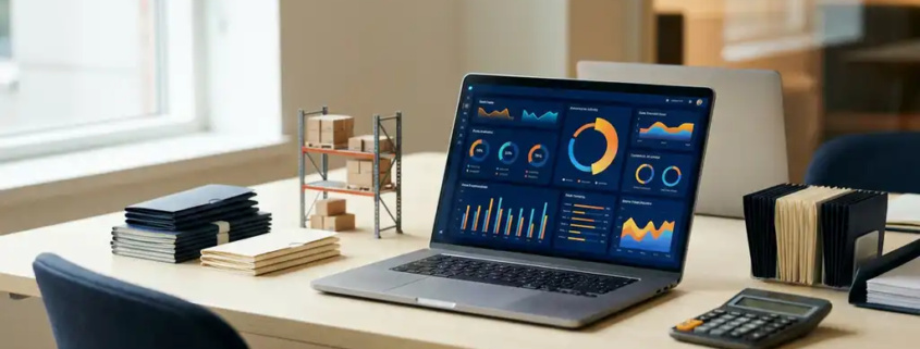 Laptop mit bunten Business-Dashboards auf modernem Schreibtisch, flankiert von Ordnern, Lagerregal-Modell und Taschenrechner.