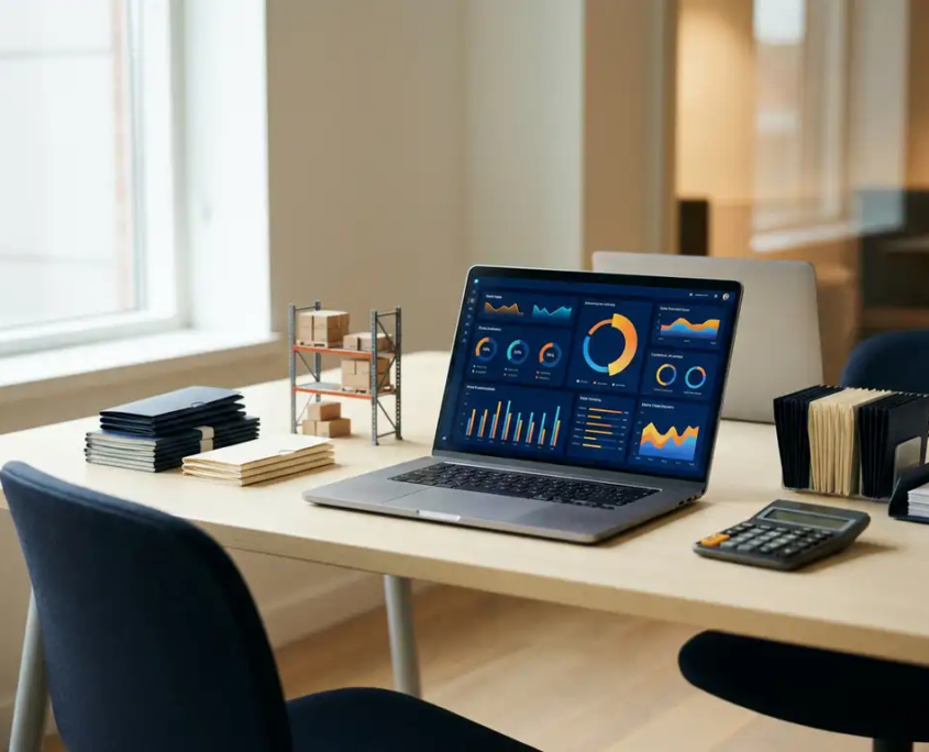 Laptop mit bunten Business-Dashboards auf modernem Schreibtisch, flankiert von Ordnern, Lagerregal-Modell und Taschenrechner.
