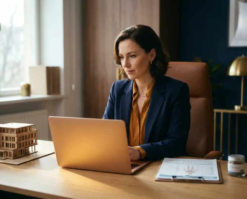 Geschäftsfrau analysiert Laptop-Bildschirm am modernen Schreibtisch, umgeben von Architekturmodell, medizinischem Klemmbrett und Produktmuster.