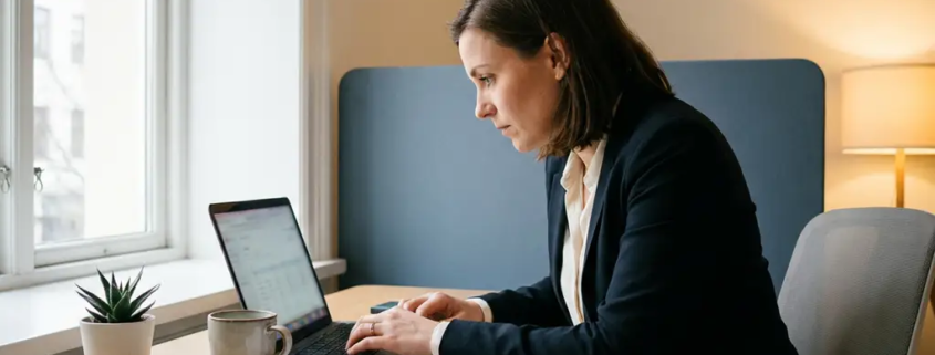 Geschäftsfrau analysiert Kontakt-Timeline auf Laptop an modernem Schreibtisch mit Kaffee und Sukkulente im warmen Morgenlicht.