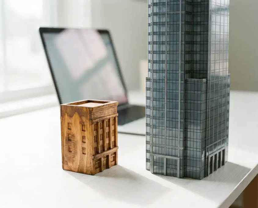 Handgefertigtes Holzmodell eines Bürogebäudes neben einem gläsernen Wolkenkratzer-Miniatur auf weißem Schreibtisch.