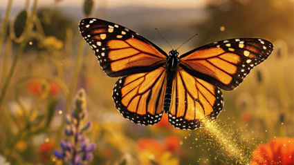 Nahaufnahme eines braun-schwarzen Schmetterling mit voll ausgebreiteten Flügeln, der vor dem Hintergrund einer weichgezeichneten Sommerblumenwiese fliegt und einen goldenen Glitzerschweif hinter sich herzieht.