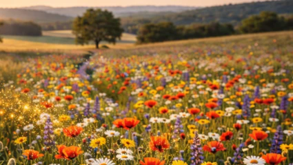 Bild einer Landschaft mit bunter Sommerblumenwiese, einem leicht geschwungenen Weg dazwischen und im Hintergrund einzelne Laubbäume und -wälder.