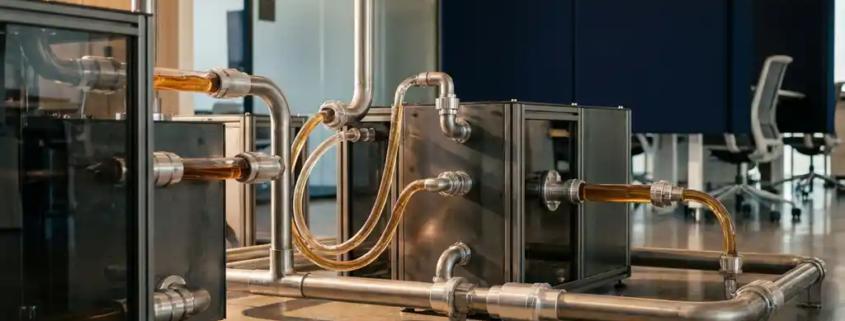 Metallische Rohre und Verbindungen verknüpfen Industriemodule, durch transparente Leitungen fließt bernsteinfarbene Flüssigkeit als Datenstrom.