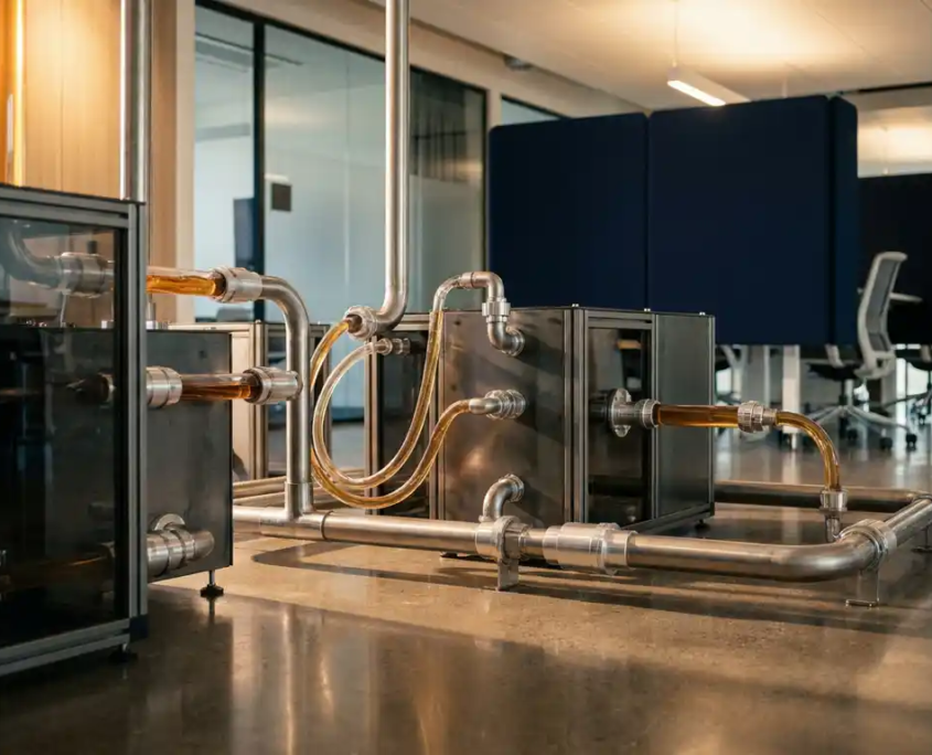 Metallische Rohre und Verbindungen verknüpfen Industriemodule, durch transparente Leitungen fließt bernsteinfarbene Flüssigkeit als Datenstrom.