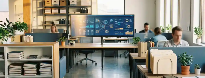 Offenes Büro mit vernetzten Abteilungsbereichen, zentralem Dashboard-Monitor, Buchhaltungsunterlagen und Inventarregalen im warmen Gegenlicht.