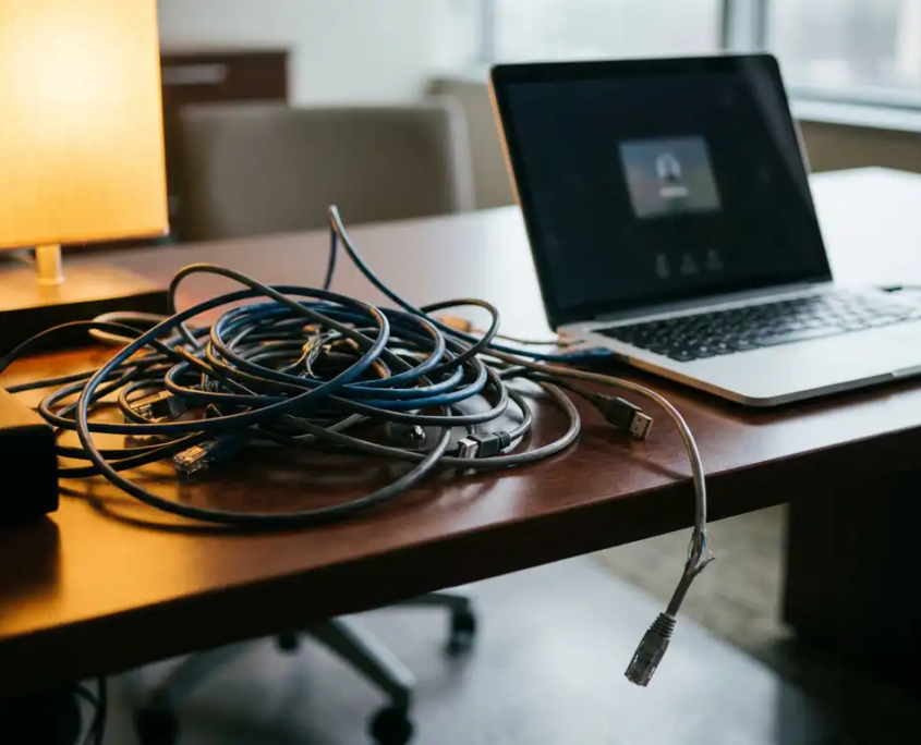 Verwirrtes Knäuel aus Ethernet-Kabeln und USB-Steckern auf einem Büroschreibtisch neben einem Laptop, ein Kabelende hängt lose herab.