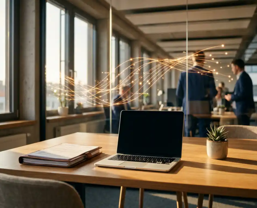 Vernetztes Amber-Knotensystem über modernem Schreibtisch mit Laptop, Geschäftsdokumenten und kleiner Topfpflanze im warmen Bürolicht.
