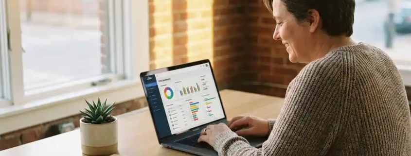 Selbstständige Unternehmerin am Holzschreibtisch mit CRM-Dashboard auf Laptop, warmes Abendlicht, Zimmerpflanze und Ordner im Hintergrund.
